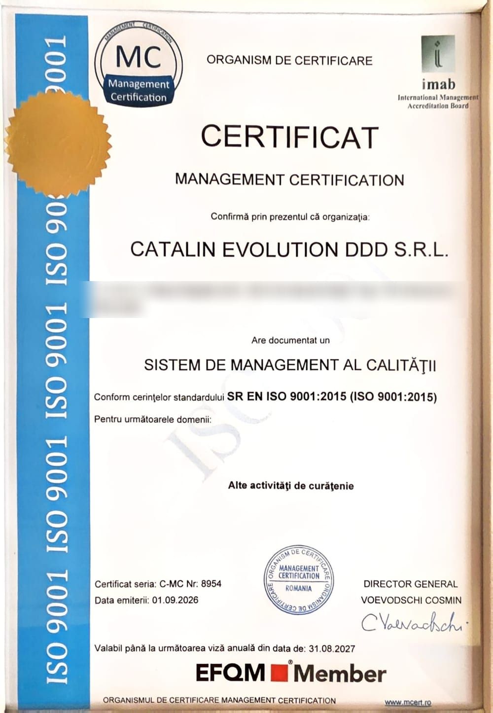 Certificatul ISO 9001:2015 al firmei Catalin Evolution DDD, emis de Management Certification