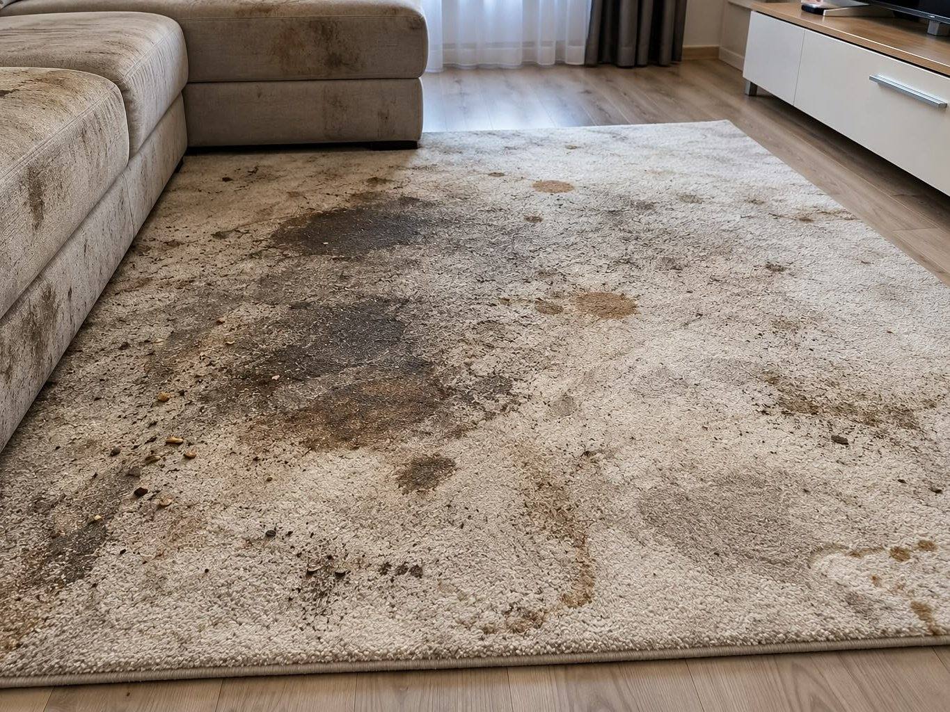 Simulare: covor bej din sufragerie, cu pete și pământ